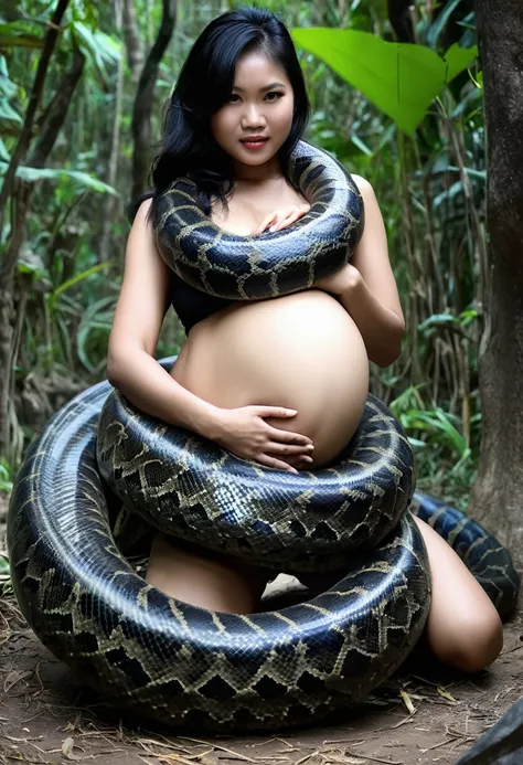 pregnant happy horny, aroused 1girl), beautiful kneeling thai young teen girl with  giant colossal black titanboa squeezing her ...