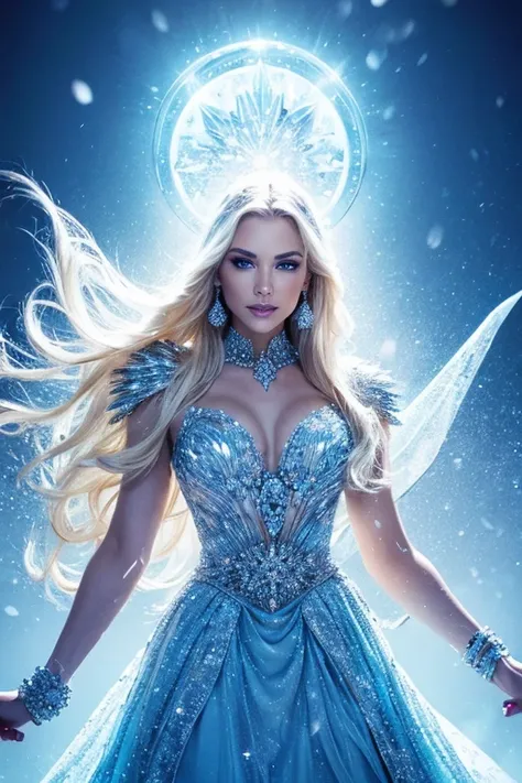 (Best quality,4K,a high resolution,masterpiece:1.2),ultra detailed,realistic ,portrait,colorful,studio lighting,ice plate armor,blonde hair,Blue eyes,beautiful detailed face,sparkling ice castle,Icy landscape,Shiny snow,royal pose,winter magic, elegant dre...