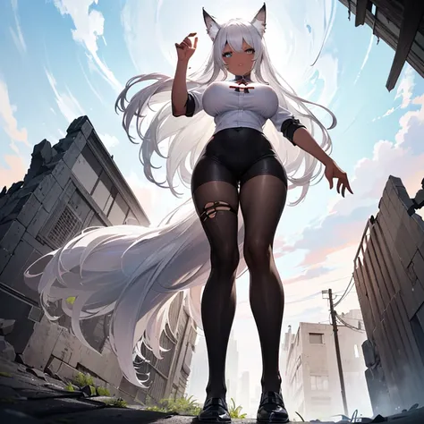 (8k, Realistic, RAW Photos, Highest quality, (from below:2),looking at the camera: 1.3), (Fox Girl, Fox Ears, Silver Hair, One Girl, Long Hair, (Alone on the screen, dark skin), High definition:1.6), (頭以outsideは鎧, Too much exposure:2), (Body measurements a...