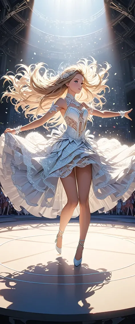 Long-haired dancer wearing white gauze skirt.white ribbon.Romantic and elegant dance costumes.Dancing on the big drum on the stage.Beautiful and extremely textured foreground and background，detailed, bright, Animation style high definition and high quality...