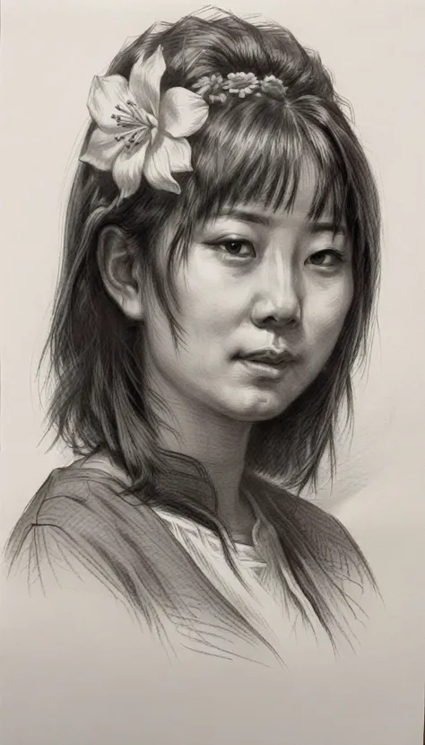 there is a drawing of a japanese woman with a flower in her hair, portrait illustration, no estilo de arte de bowater, detailed ...