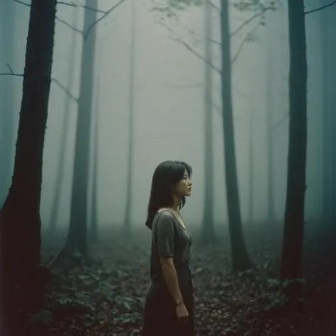 radiant darkness, a beautiful woman standing in a dark forest, fog, panasonic 35mm, a still melancholy scenery, disposable film,...