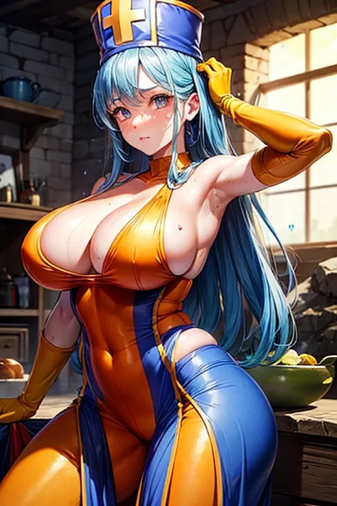 masterpiece, Highest quality,  Unreal Engine,  Super Resolution,  Very detailed, 

Beautiful woman, Dragon Quest Female Monk, long sky blue hair, Blue priest hat, Orange bodysuit, (((Brutabad:1.5))), Elbow-length gloves, Vivid expression, Healthy Body, Bea...