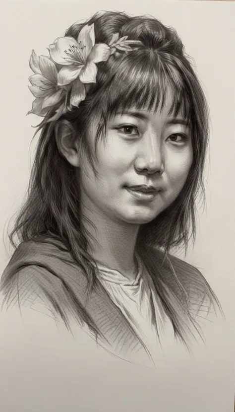 there is a drawing of a japanese woman with a flower in her hair, little smiling, portrait illustration, no estilo de arte de bo...