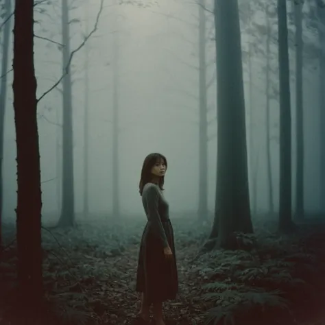 radiant darkness, a beautiful woman standing in a dark forest, fog, panasonic 35mm, a still melancholy scenery, disposable film,...