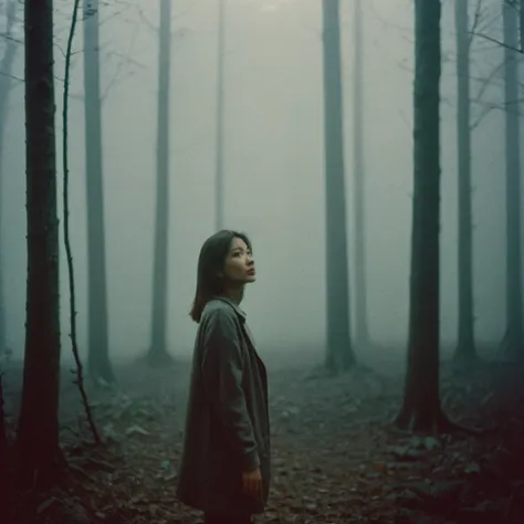 radiant darkness, a beautiful woman standing in a dark forest, fog, panasonic 35mm, a still melancholy scenery, disposable film,...