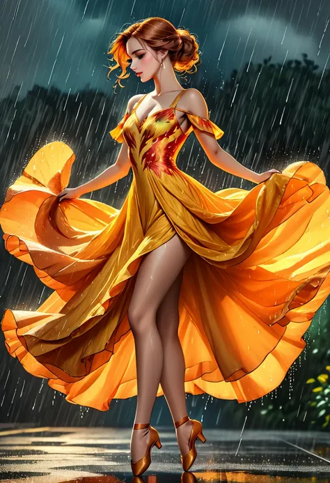 a portrait of female classical ballet prima ballerina dancing in the rain, a full body picture ((anatomically correct: 1.5)) of a exquisite beautiful female dancer wearing silk evening dress, intricate dress dynamic hair color, dynamic hair style, dynamic ...