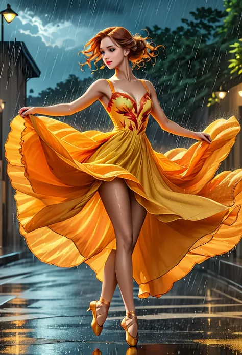 a portrait of female classical ballet prima ballerina dancing in the rain, a full body picture ((anatomically correct: 1.5)) of ...