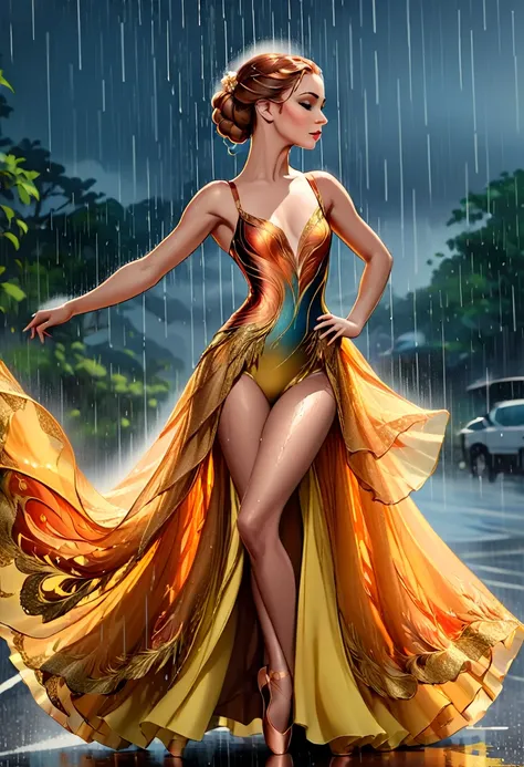 a portrait of female classical ballet prima ballerina dancing in the rain, a full body picture ((anatomically correct: 1.5)) of a exquisite beautiful female dancer wearing silk evening dress, intricate dress dynamic hair color, dynamic hair style, dynamic ...