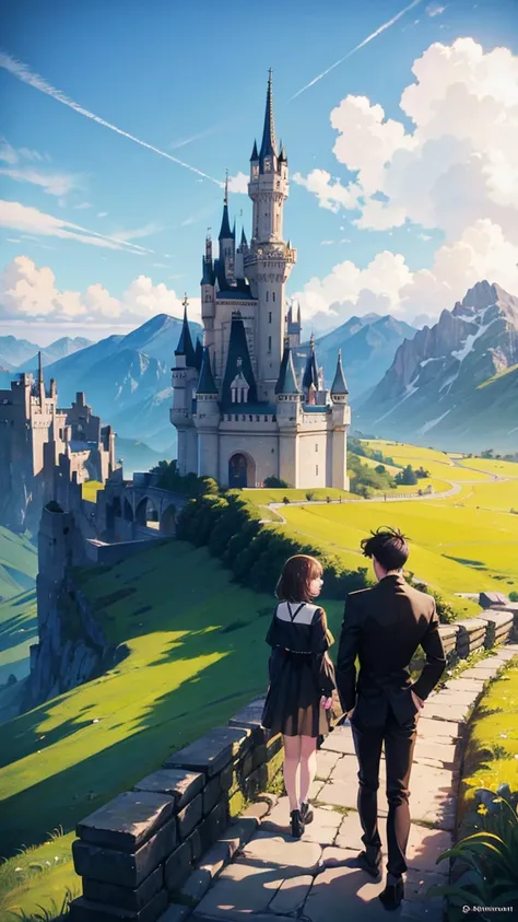 One Boy in Black and one girl in yellow standing in front of a castle on a mountain in big fantasy world.