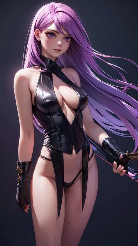 A beautiful girl with short, light purple hair and light purple eyes, wearing a black, sleeveless bodysuit with a deep v-neck, black stockings with a garter belt, and fingerless gloves. She has blue flowers attached to her outfit, and claw-like weapons on ...