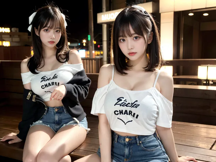 masterpiece, highest quality, figure, Super detailed, small details, High resolution, 8k,wallpaper, Perfect dynamic composition,(Detailed high quality, realistic depiction of eyes:1.3), 2 girls, Off-the-shoulder T-shirt and denim mini shorts, short bob hai...