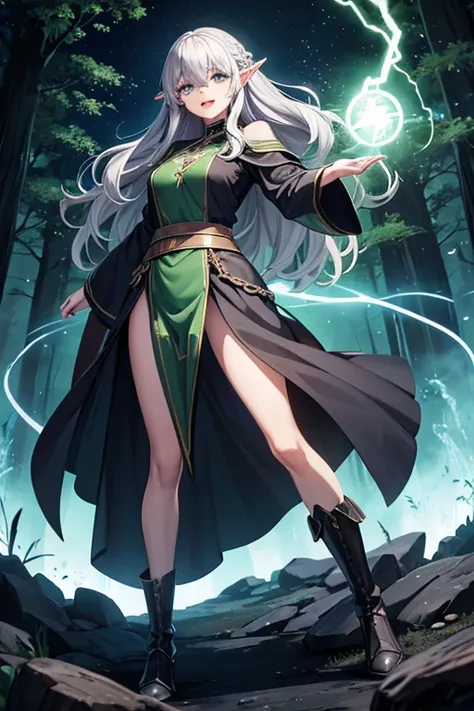 Anime Art、Full body portrait、A wizard who controls lightning in a fantasy world、Forest at night、A tall elven woman, around 175cm tall and around 32 years old, wearing a dark green robe, breast armor and a long skirt, surrounded by many lightning bolts.、The...