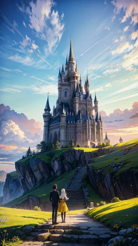 One Boy in Black and one girl in yellow standing in front of a castle on a mountain in big fantasy world.