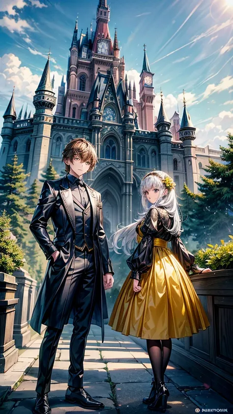 One Boy in Black and one girl in yellow standing in front of a castle on a mountain in big fantasy world.