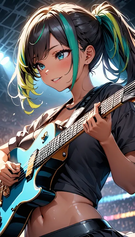 (highest quality:1.2, Very detailed, up to date, Vibrant, Ultra-high resolution, High Contrast, masterpiece:1.2, highest quality, Best aesthetics), Portraiture、girl、（Playing guitar:1.5)、Electric guiter、Gibson Les-Paul, stage、performance、Rock Music、Bright c...