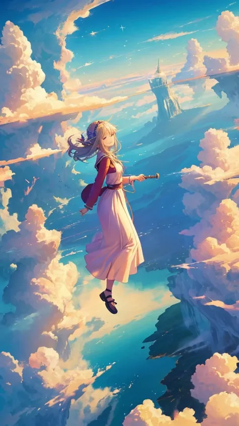 (((From diagonally left behind))), solo, Anime Elf girl sitting on hilltop, Anime Elf girl play short banjo with her right hand, magical atmosphere, An islands (floating:1.5) above the clouds in panoramic fantasy sunset landscape, (An islands (floating:1.5...