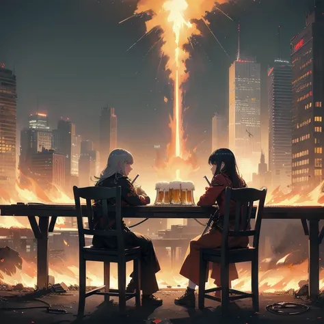 2girls, alone, lonely, sad, depressing, dark, cinematic, (watching the world burn), apocalypse, world ending, ruined buildings, dynamic shot, madness, glee, disappointment, stand above all, against the odds, desperate prayer, grim fate, cruel hope, death a...