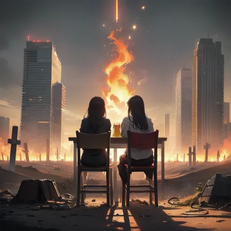 2girls, alone, lonely, sad, depressing, dark, cinematic, (watching the world burn), apocalypse, world ending, ruined buildings, dynamic shot, madness, glee, disappointment, stand above all, against the odds, desperate prayer, grim fate, cruel hope, death a...