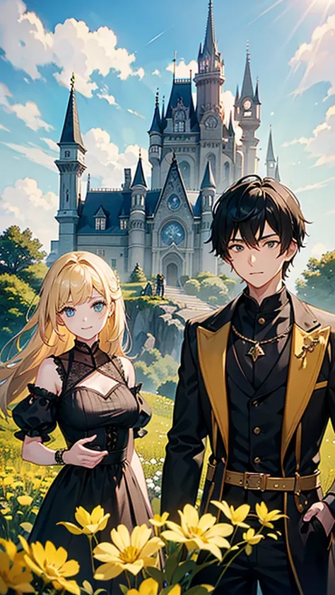 One Boy in Black and one girl in yellow standing in front of a castle on a mountain in big fantasy world. Focus on the Girl and boys faces