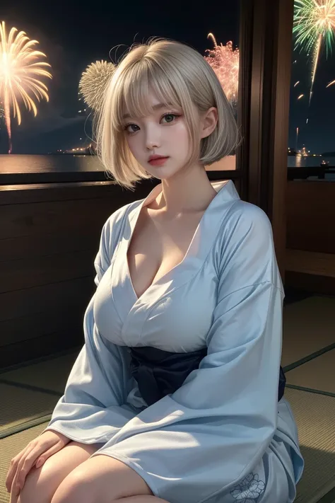 reflected light、Platinum blonde hair with dazzling highlights、Shiny Hair、beautiful shiny bangs、bright, clear, Charm, large blue eye、A very beautiful, adorable and cute 16 year old girl.、Ample Bust、Beautiful detailed eye、 Beautifully detailed nose,((whole b...