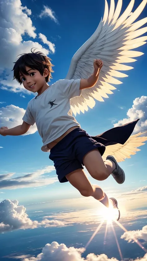 A simple boy flying in the sky using wings, tha sun  light is glow up , he is very happy.  high quality anime pic 