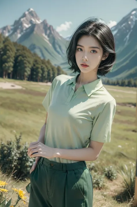 (((best quality))),(((ultra detailed))),(((masterpiece))),illustration,((1 beautiful girl,tomboy,solo)),(short black hair:1.3),((slim,thin)),((small breasts,thin)), vigorous, confident, (light green collared short-sleeved shirt:1.3), (dark green pants:1.2)...