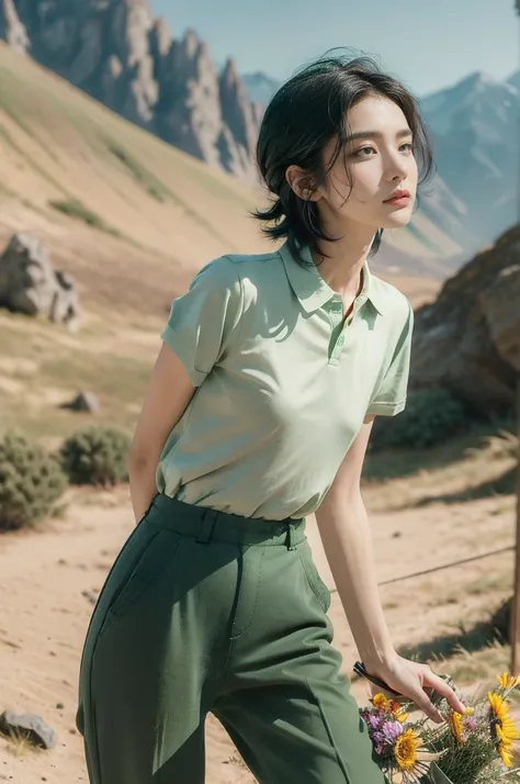 (((best quality))),(((ultra detailed))),(((masterpiece))),illustration,((1 beautiful girl,tomboy,solo)),(short black hair:1.3),((slim,thin)),((small breasts,thin)), vigorous, confident, (light green collared short-sleeved shirt:1.3), (dark green pants:1.2)...