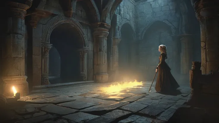 In the dim, ancient chamber of a dark medieval castle, a brown-curly-haired boy and a white-haired girl stand side by side. The chamber is lit only by the faint, flickering light of torches mounted on the stone walls, casting eerie shadows that dance acros...