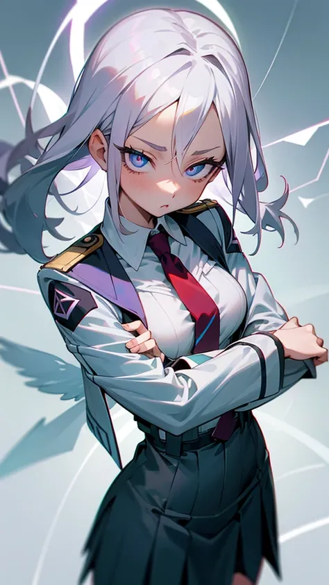 Character description:**
- **eyes**: Greens - **hair**: Black with purple tips - **Height**: High - **Complexion**: Thin and voluptuous - **outfit**: 
  - Dark blue skirt - White blouse - Gray jacket - Red tie - **Personality**: rude, but kind and pretty -...