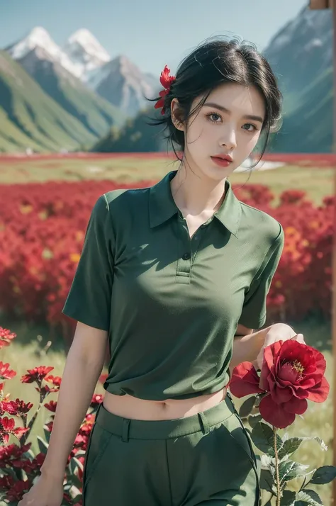 (((best quality))),(((ultra detailed))),(((masterpiece))),illustration,((1 beautiful girl,tomboy,solo)),(short black hair:1.3),((slim,thin)),((small breasts,thin)), vigorous, confident, (light green collared short-sleeved shirt:1.3), (dark green pants:1.2)...