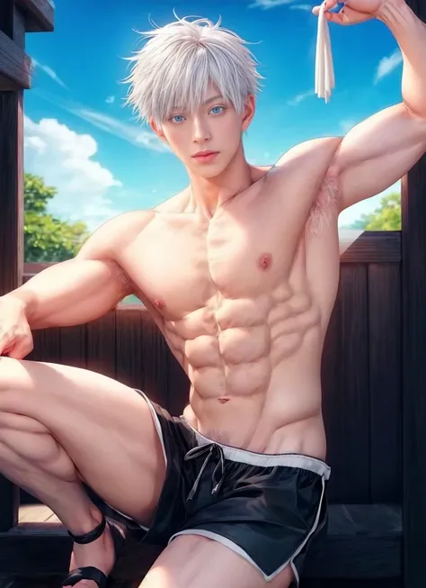 1 male, high resolution 8k, young, handsome, perfect face detail, detailed eyes and face, clean shaved, sixpack realistic, white eyebrow hair, white eyelashes, dynamic lighting, unreal engine, hd picture, satoru gojo, Jujutsu kaisen, white hair, short hair...