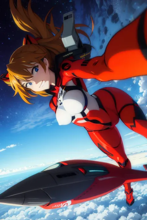 Asuka with a big ass pointing at the viewer with a mischievous smile while wearing her Eva pilot suit