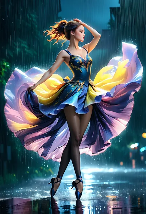 a portrait of female classical ballet prima ballerina dancing in the rain, a full body picture ((anatomically correct: 1.5)) ultra detailed face, of a exquisite beautiful female dancer wearing silk evening dress, intricate dress dynamic hair color, dynamic...