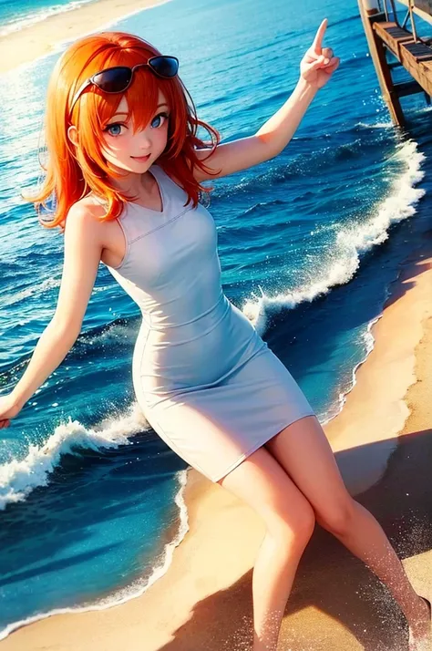 Orange Hair　Medium Hair　Light blue eyes　sunglasses　Beauty　Bright smile 　Light blue dress　blue sea