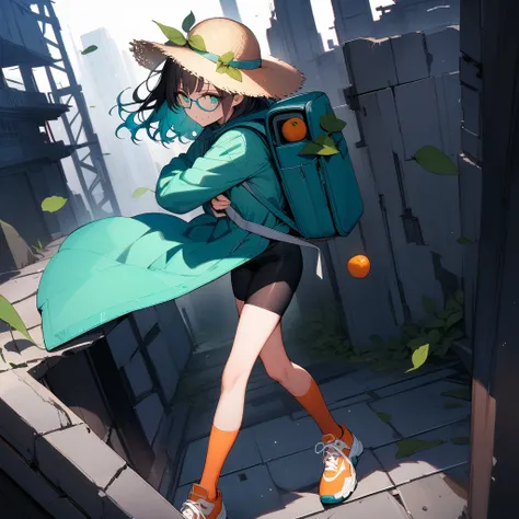 (masterpiece),(best quality),very aesthetic,(ultra-detailed),Collapsed civilization,(on the roof of a broken building),nsfw,1girl,25yo,slender,tall,medium hair,black hair,natural wave hair,flipped hair,dark green eyes,comfortable,smirk,glasses,(straw hat w...