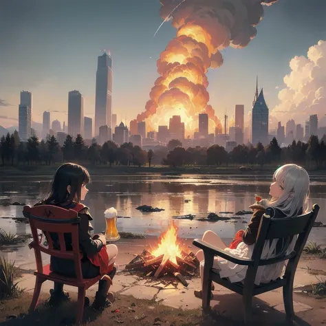 2girls, alone, lonely, sad, depressing, dark, cinematic, (watching the world burn), apocalypse, world ending, ruined buildings, dynamic shot, madness, glee, disappointment, stand above all, against the odds, desperate prayer, grim fate, cruel hope, death a...