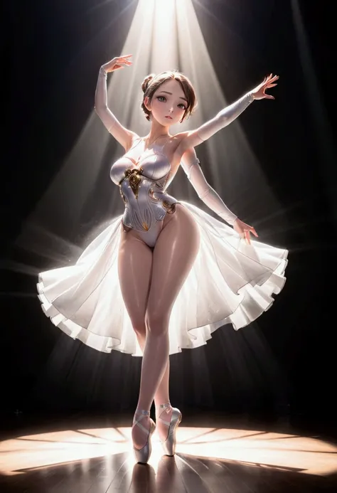 A lovely android woman, obviously mechanical arms and legs, shimmering sheer white gown, backlit eyes) performing ballet with large sweeping movements, spotlight, center stage
