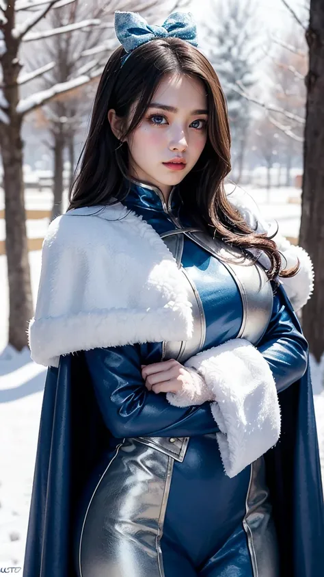 Create an image of Ashe in her Classic skin from League of Legends by Riot Games. massive k-cups,She is wearing a blue and silver armored outfit with a fur-lined cape and a prominent bow. The background is a snowy, wintry landscape with frost-covered trees...