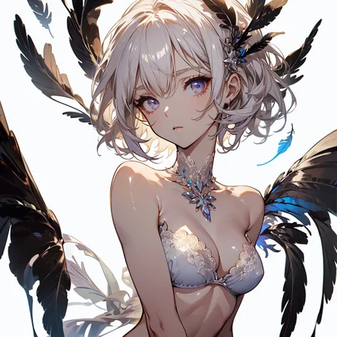 ((masterpiece, best quality)), Delicate face，Immortal，Full body painting，Perfect body proportions，short hair，Nice white eyes，Fantasy style，White background，transparent，Sex bikini，Lace，feather，NUDE，Charm