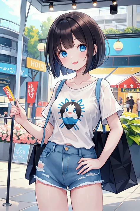 Photorealistic、Highest quality、Highest Resolution、Highest quality、８Ｋ、T-pose、One beautiful woman、Cute face、Bob cut hair、Dark Hair Color、Pale blue eyes、Beautiful breasts、Cute T-shirts、Light blue denim shorts、Shopping mall、looks fun、smile、