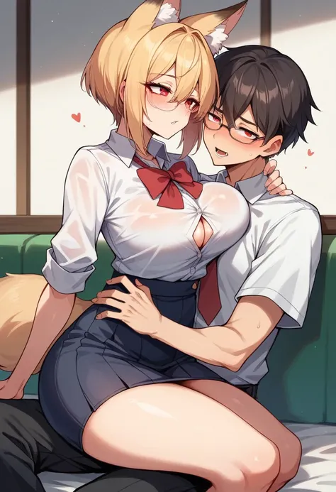 High quality　masterpiece　male and female couple　Fox girl sitting on a chair，Wearing a tight skirt，Covered with shirt。The boy hugs from behind。Wearing high school trousers uniform、Boy with short hair。Not wearing glasses、revenge, Hot Kids, Sexy babes, Good b...