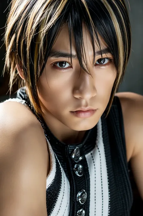 1 Japanese rocker, male, Asian eyes, Visual kei hairstyle, pretty face, hyperrealistic, realistic representation, ultra detailed face and eyes, muscular, broad shoulders, rocker clothing, 40 years, black and blonde hair