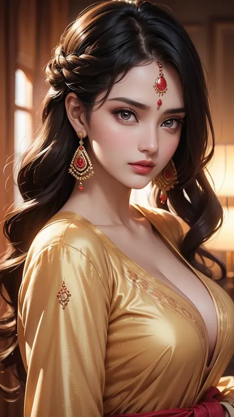 hot beautiful women in photoshoot, big heavy jhumka earrings, detailed face, detailed eyes, detailed lips, sensual pose, vibrant colors, cinematic lighting, photorealistic, 8k, high quality, masterpiece,big breasts , kurti, pajama 