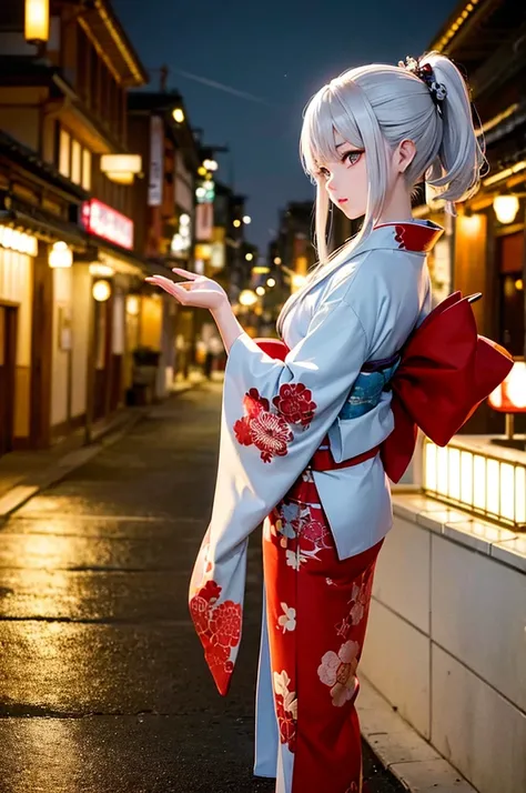 Silver Hair　ponytail　Red Corner　Malume　Golden Eyes　The city of Kyoto　Light blue kimono