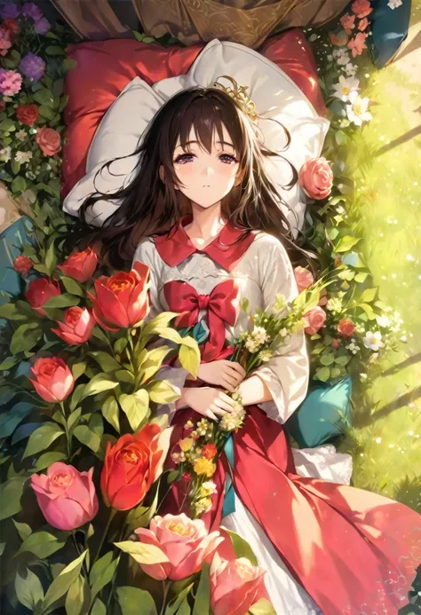 a princess laying on the ground with flowers and pillows, official artwork, beautiful anime artwork, covered with flowers, patterned fabric, warm scattering light, masterpiece realistic lighting, (Abyss), beautiful detailed glow