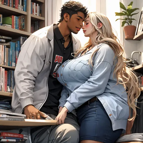 A handsome black man and a white college girl in a room, handsome man and college girl passionately kissing another, huge-breasted realistic college lgirl, attractive , popular on CGSTATION, passionately kissing together, grabbing her breasts,