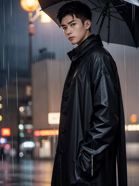 1 Handsome chinese slim guy, 20 years old, Hair combed smoothly, in a bustling city，cold rain, stands alone in the rain，His eyes are confused，The expression is sad，Gloomy eyes， and strong, The rain washed over his cheeks。He insists on waiting，Believe that ...