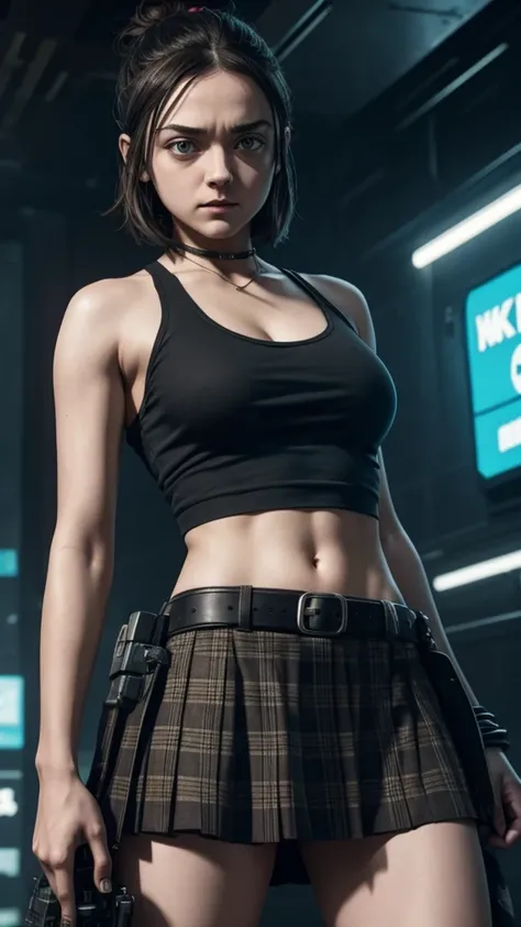 Arya Stark, cyberpunk, sexy, mini plaid skirt, tank top, neon, cleavage 