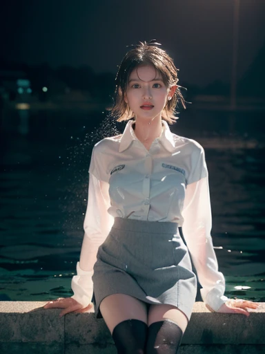 K-POPグループTWICEのモモ, (TWICE Kポップ)1 girl, (((Wearing a white buttoned long sleeve collared shirt))), (((Very short light grey skirt))), (((Long black stockings))), Glowing Skin, Very wet coagulation, (((Ultra-detailed water on body))), (((Body covered in wate...